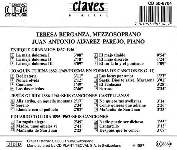 (1987) Canciones Españolas: Granados, Turina, Guridi & Toldrá / CD 8704 - Claves Records