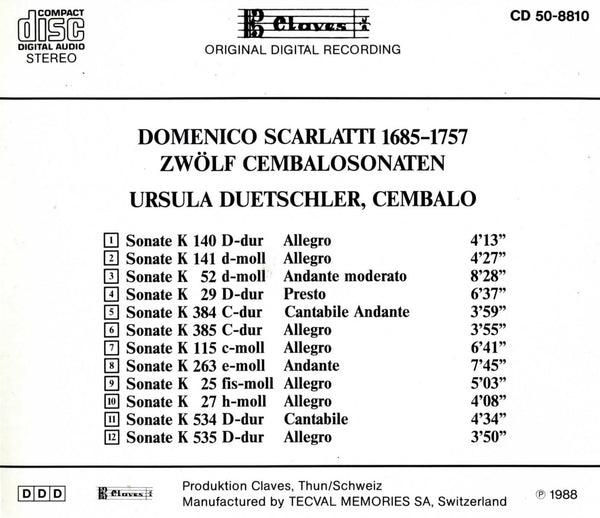 (1988) D. Scarlatti: 12 Sonatas for Cembalo / CD 8810 - Claves Records