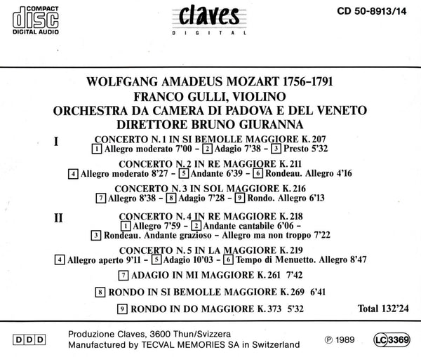(1989) W.A. Mozart : The 5 Violin Concertos - Adagio K. 261 - Rondo K. 269 - Rondo K. 373 / CD 8913-14 - Claves Records