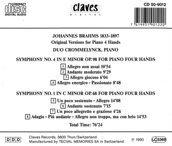 (1990) Brahms: Symphony No. 4 & No. 1 (Original Versions for Piano Four Hands) / CD 9012 - Claves Records