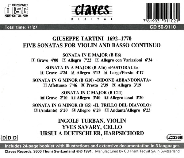 (1991) Giuseppe Tartini: Five Sonatas For Violin & Basso Continuo / CD 9110 - Claves Records