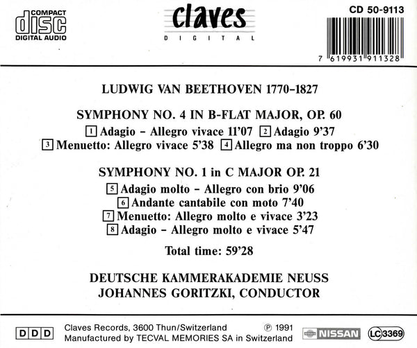 (1991) Beethoven: Symphonies No. 4 & No. 1 / CD 9113 - Claves Records