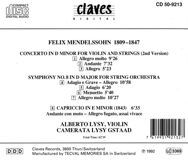 (1992) Mendelssohn: Concerto in D Minor & Orchestral Works / CD 9213 - Claves Records