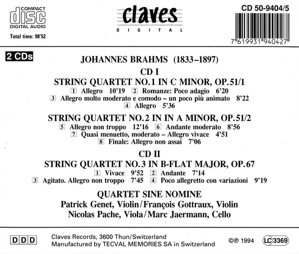 (1994) Brahms: Complete String Quartets / CD 9404-5 - Claves Records