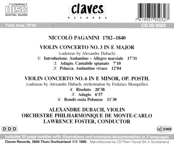 (1995) Niccolò Paganini: Violin Concertos Nos. 3 & 6 / CD 9503 - Claves Records