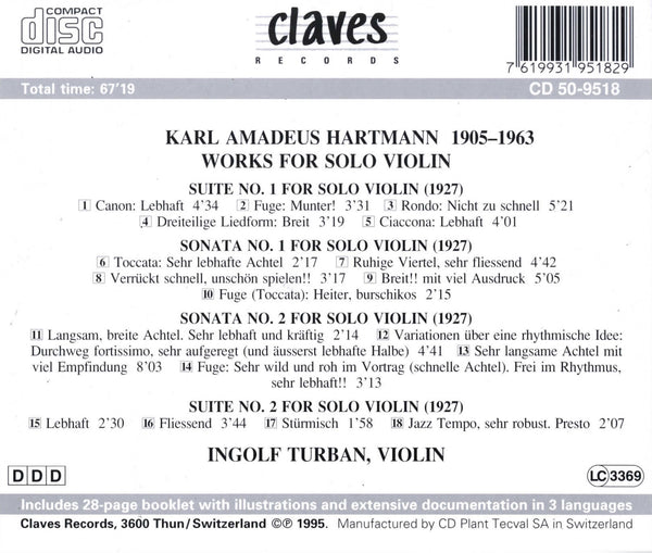 (1995) Hartmann: Works for Solo Violin / CD 9518 - Claves Records
