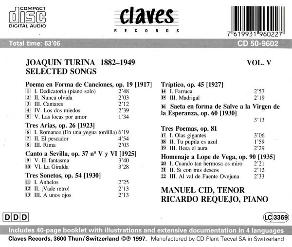 (1997) Joaquin Turina: Selected Songs for Tenor & Piano / CD 9602 - Claves Records