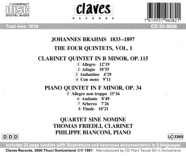 (1997) Brahms: Clarinet Quintet Op. 115 & Piano Quintet Op. 34 / CD 9608 - Claves Records