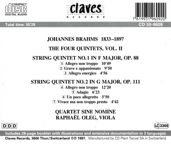 (1997) Brahms: String Quintets Op. 88 & Op. 111 / CD 9609 - Claves Records
