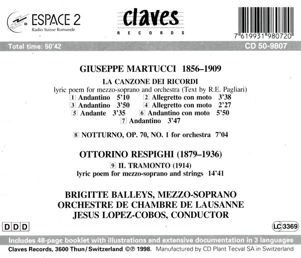 (1998) Martucci: La canzona dei ricordi - Notturno, Op. 70, No. 1 - Respighi: Il Tramonto / CD 9807 - Claves Records