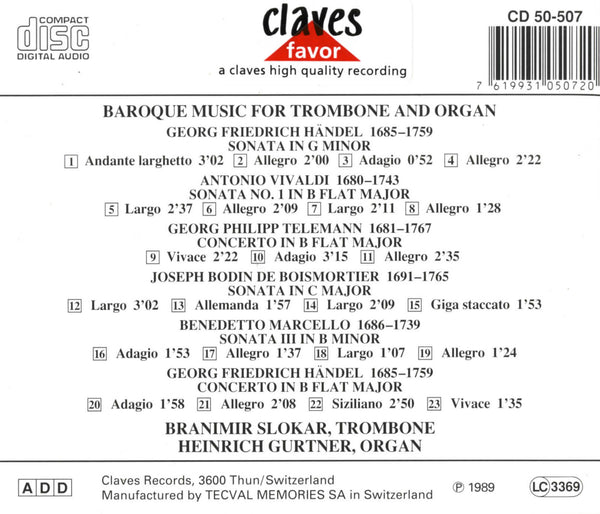 (1975) Baroque Music For Trombone: Vivaldi / Telemann / Handel / Marcello / Boismortier / CLF 507-9 - Claves Records