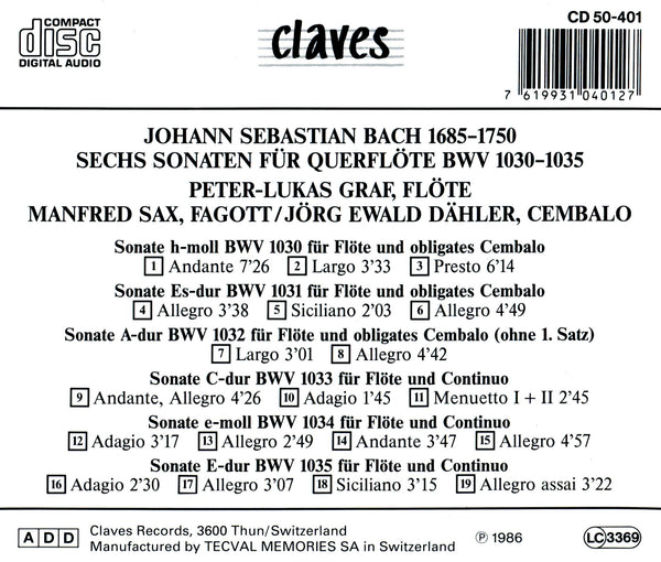 (1986) Bach: Sonatas for Flute BWV 1030-1035 / CD 0401 - Claves Records