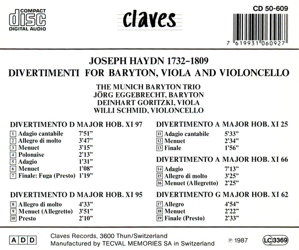 (1987) Joseph Haydn: Divertimenti For Baryton, Viola & Violoncello / CD 0609 - Claves Records