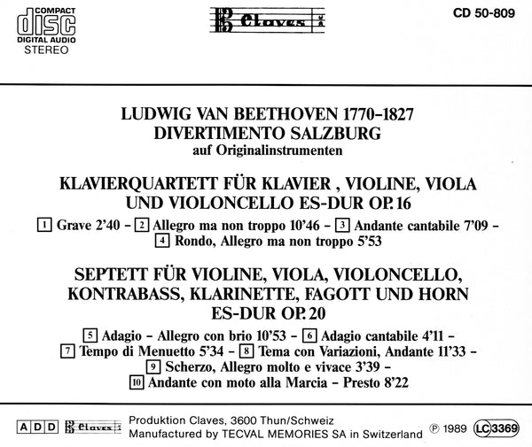 (1989) Beethoven : Quartet for Piano and Strings, Op. 16 & Septet, Op. 20 / CD 0809 - Claves Records