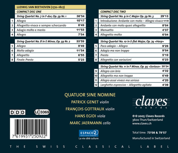 (2005) Beethoven: String Quartets Op. 59, Op. 74 & Op. 95 / CD 2509/10 - Claves Records