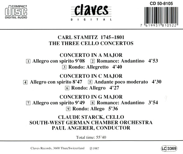 (2000) Carl Stamitz: The Three Cello Concertos / CD 8105 - Claves Records