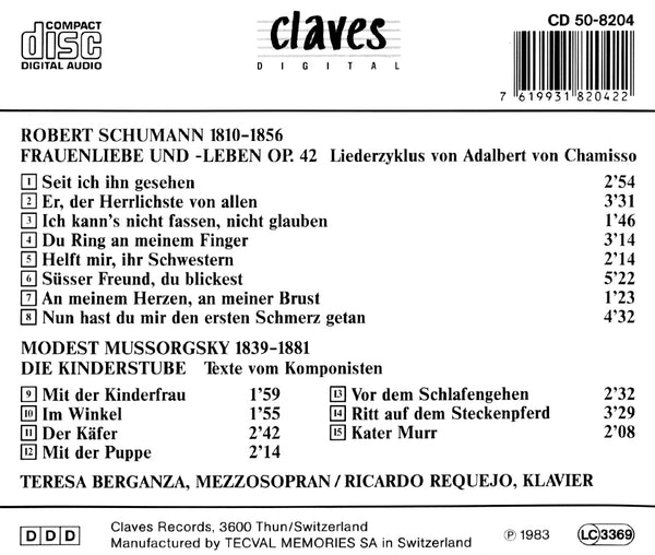 (1983) Schumann: Frauenliebe und-leben / Mussorgsky: Kinderstube / CD 8204 - Claves Records