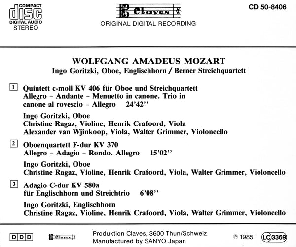 (1985) Mozart: Quintet K. 406 - Oboe Quartet K. 370 - Adagio K. 580a / CD 8406 - Claves Records