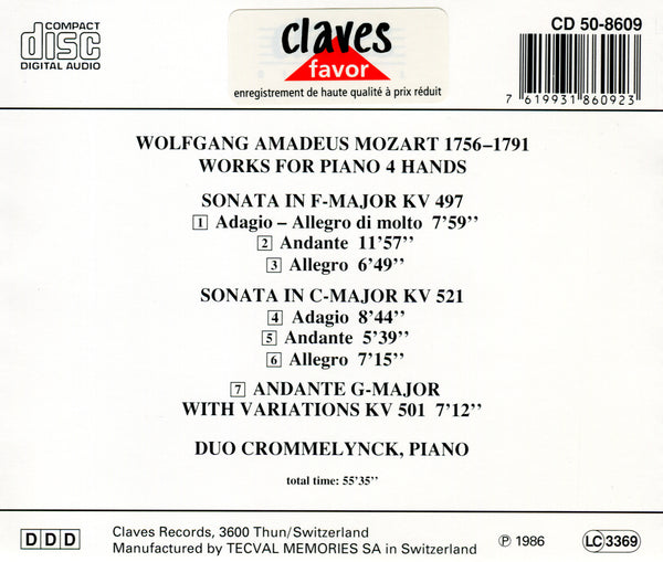 (1986) Mozart: Sonatas K. 497 & K. 521 - Andante with Variations, K. 501 for Piano 4 Hands / CLF 8609-9 - Claves Records