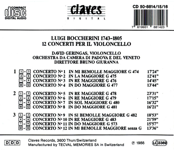 (1988) Boccherini: Complete Cello Concertos / CD 8814-16 - Claves Records