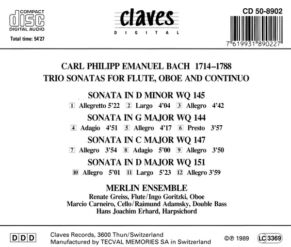 (1989) C.P.E. Bach : Trio Sonaten for Flute, Oboe and Continuo / CD 8902 - Claves Records