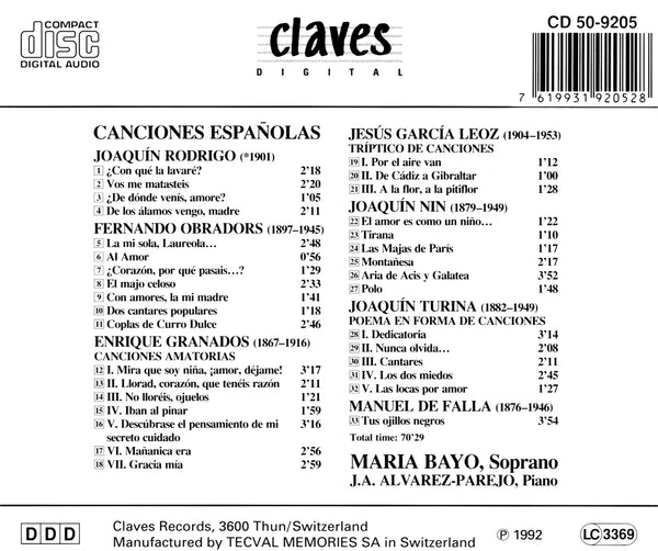 (1992) Canciones Españolas / CD 9205 - Claves Records