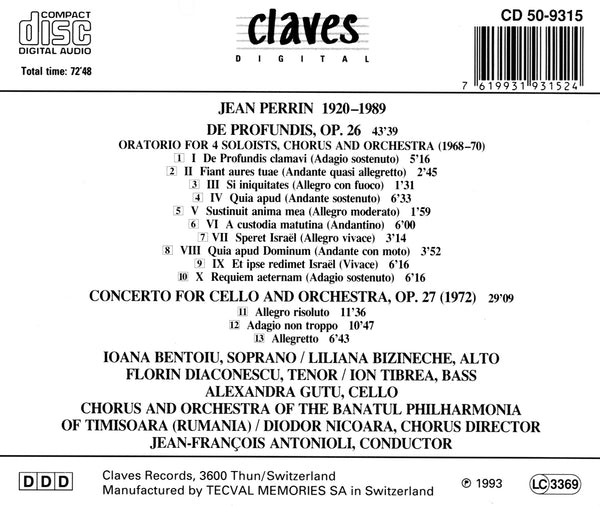 (1993) Jean Perrin: De Profundis / Cello Concerto / CD 9315 - Claves Records