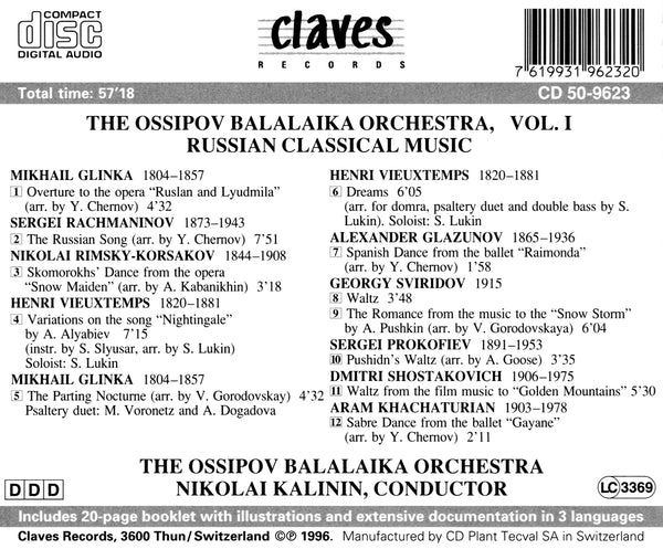 (1996) The Ossipov Balalaika Orchestra, Vol I: Russian Classical Music / CD 9623 - Claves Records