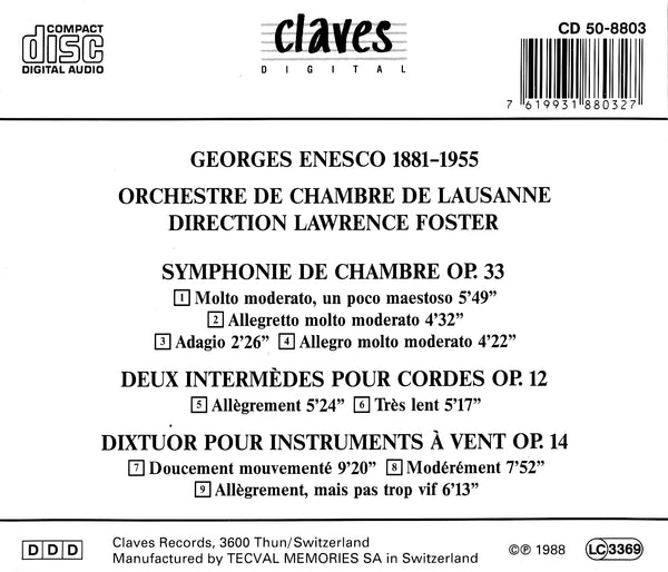 (1988) Enescu: Symphonie de chambre, Op. 33 - Deux intermèdes pour cordes, Op. 12 - Dixtuor pour instruments à vent, Op. 14 / CD 8803 - Claves Records